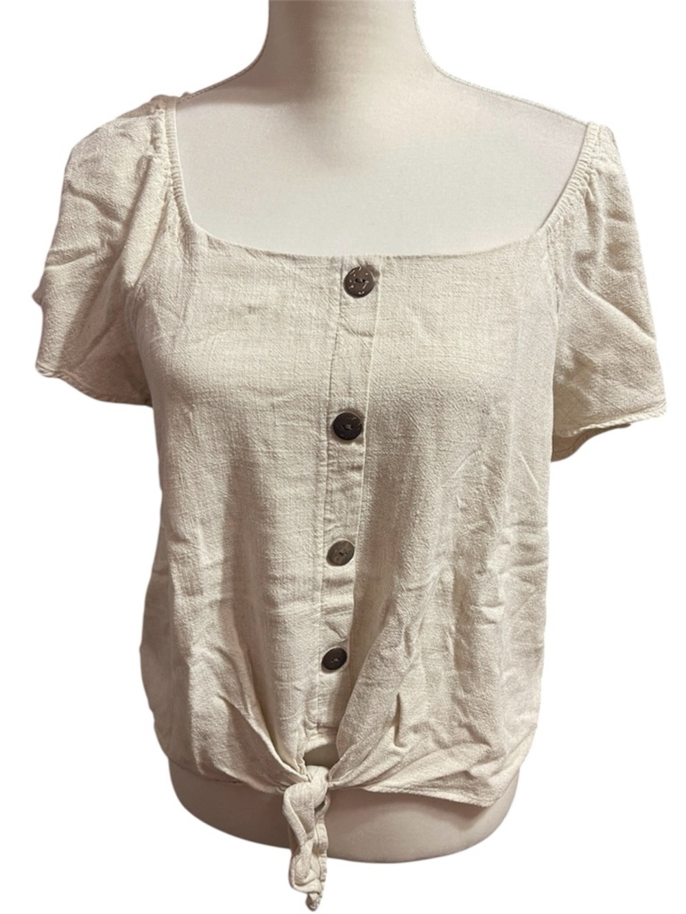 Faith And Joy Women Linen Blend Button Front Tie Crop Top Large Coastal Cottage